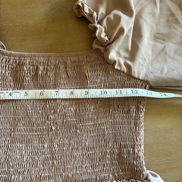 Square Neck Shirred Ruched Bodice Flounce Sleeve Ruffle Hem Dress in Khaki, Med - Picture 7 of 7